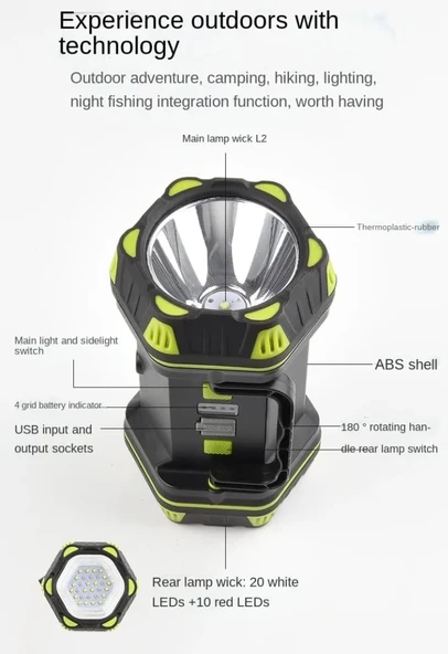 F-262 Yeni Güçlü Çift Taraflı Taşınabilir Spot Ve Işıldak Usb Powerbank Şarjlı Fener - Resim 2