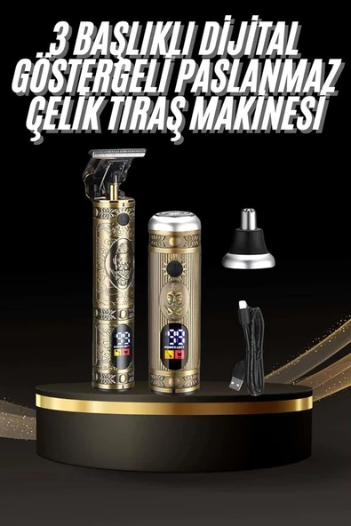 Tıraş Makinesi Pro 3 Başlıklı Dijital Göstergeli Saç Sakal Kulak ve Burun - Resim 2