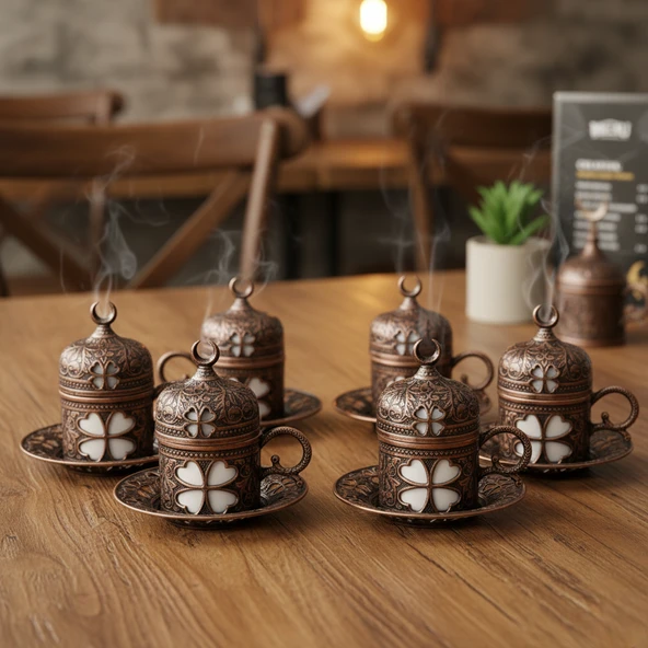 SENA Yonca Desenli 6 Kişilik Porselenli Kapaklı 24 Parça Bakır Renk Fincan Seti