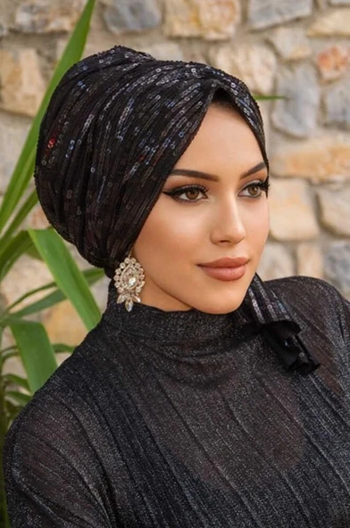 Siyah Payet İşleme Abiye Tokalı Bone - 2