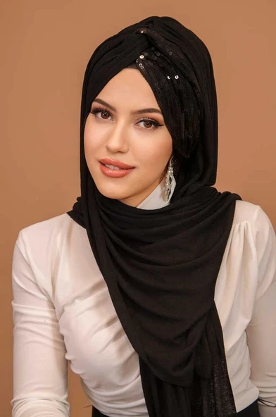 Siyah Payetli Burgu Model Hazır Abiye Şal - 4