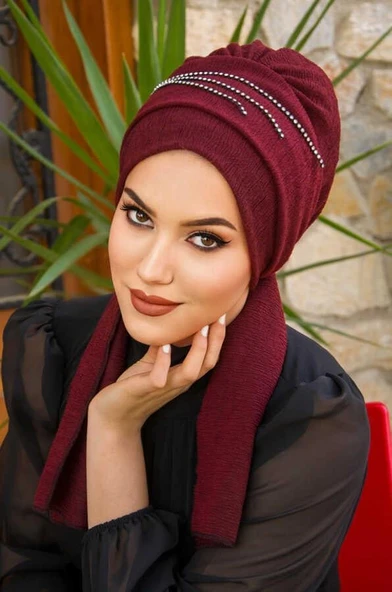 Bordo Taşlı Abiye Atkılı Bone ürün görseli