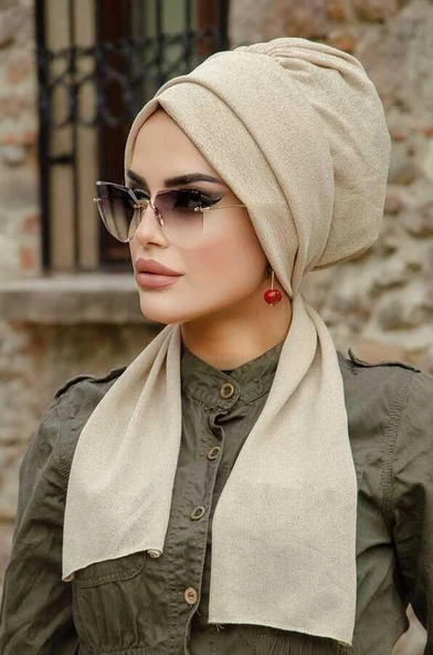 Krem Simli Atkılı Tesettür Bone - Resim 3