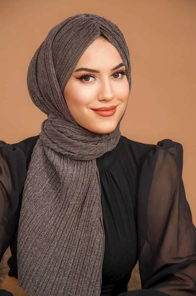 Kahve Simli Piliseli Kelebek Model Büzgülü Abiye Bone Şal - 1