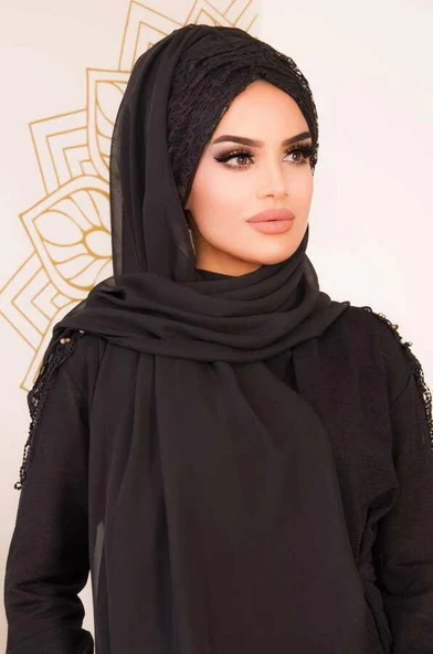 Siyah Dantelli Hazır Şifon Şal - Resim 3