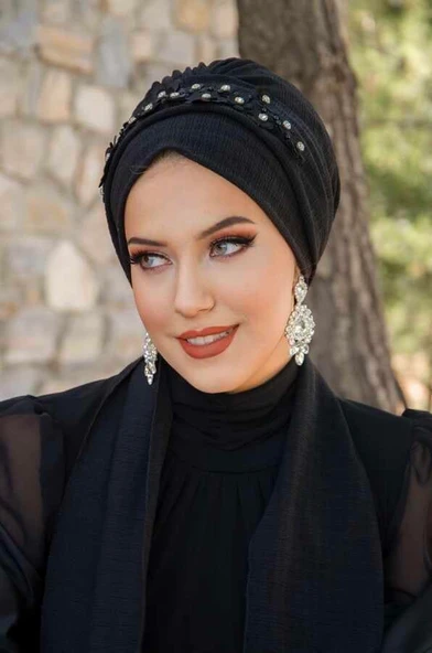 Siyah Taş Nakışlı Abiye Atkılı Bone - 4