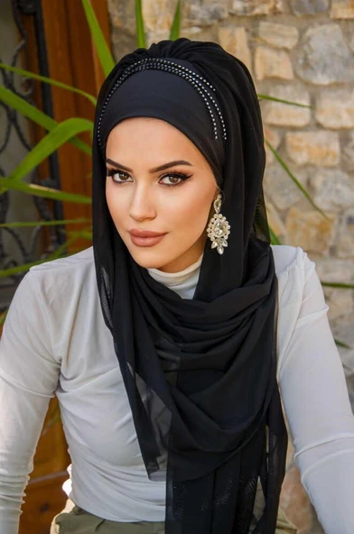 Siyah Taş Detaylı Hazır Abiye Şal - 2