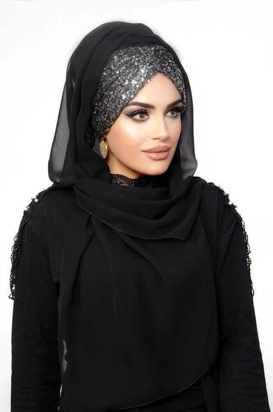 Siyah Antrasit Pul Payetli Abiye Şal - 2