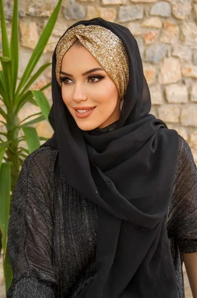 Siyah Gold Simli Abiye Şal - 4
