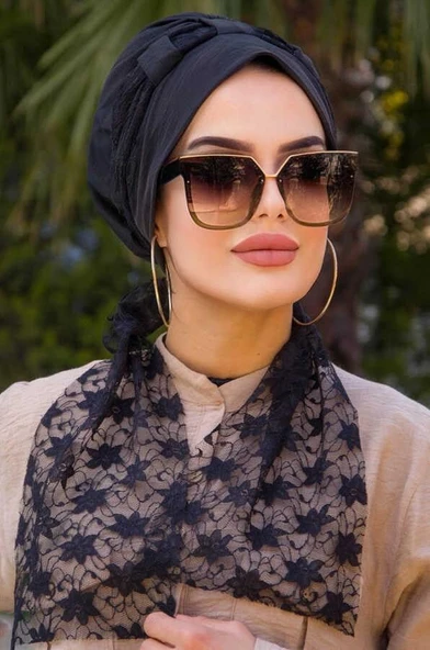 Siyah Dantel Fularlı Bone - Resim 2
