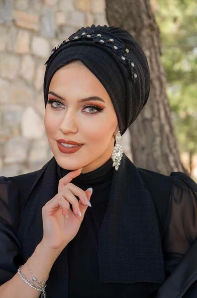Siyah Taş Nakışlı Abiye Atkılı Bone - 2