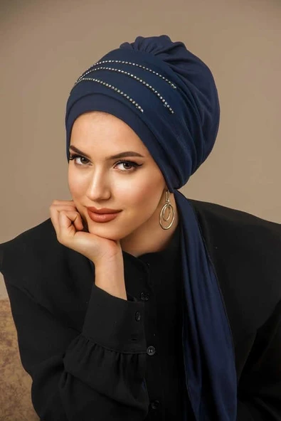 Lacivert Taşlı Atkılı Abiye Bone - 3