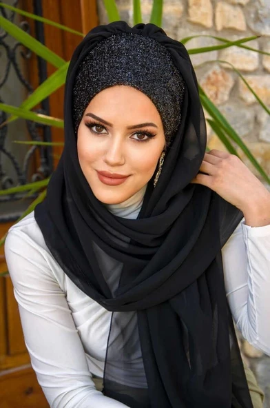 Siyah Simli Hazır Abiye Şal - 3