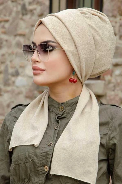 Krem Simli Atkılı Tesettür Bone - Resim 4