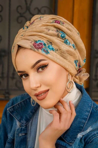 Camel Yaprak Desenli Tokalı Bone - Resim 2