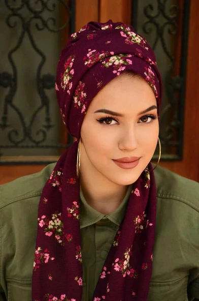 Mürdüm Buket Desenli Atkılı Bone - Resim 5