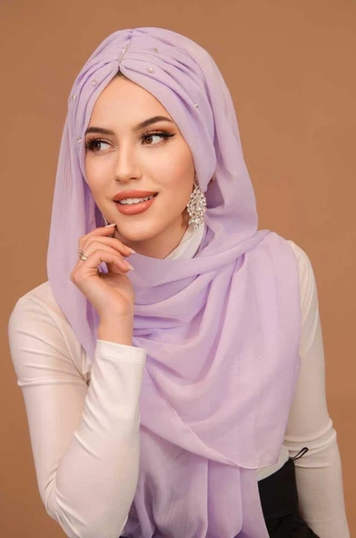 Lila Taşlı Büzgü Model Hazır Abiye Şal - Resim 2