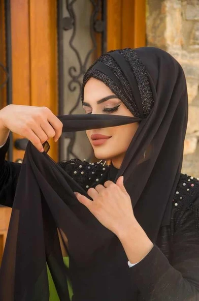 Siyah Drapeli Hazır Abiye Şal - 50500 - 3