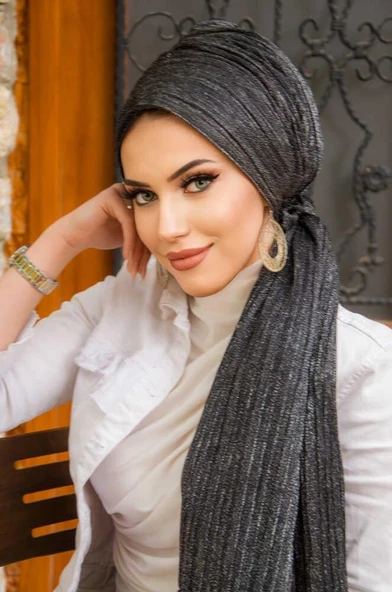 Siyah Gümüş Piliseli Kelebek Model Bantlı Abiye Bone Şal - Resim 4