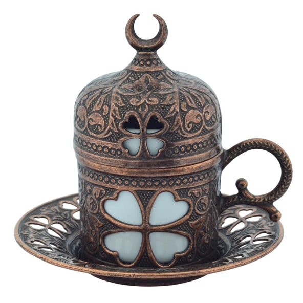 SENA Yonca Desenli 6 Kişilik Porselenli Kapaklı 24 Parça Bakır Renk Fincan Seti - 6