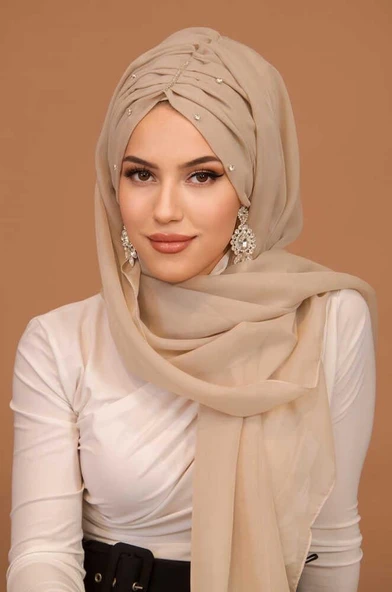 Kemik Rengi Taşlı Büzgü Model Hazır Abiye Şal - Resim 3