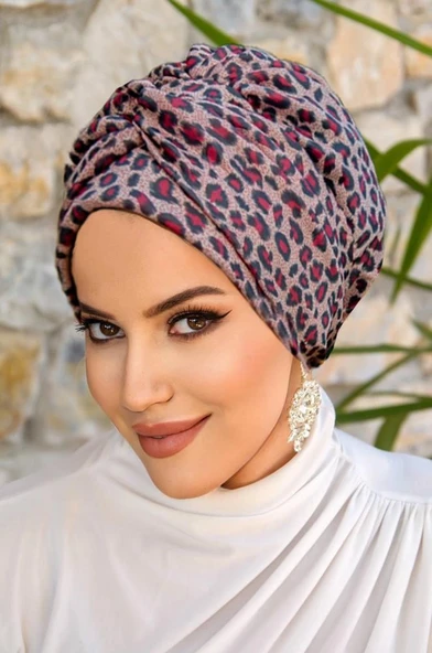 Bordo Leopar Burgu Detaylı Bone - Resim 3