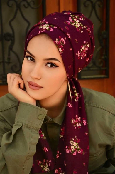 Mürdüm Buket Desenli Atkılı Bone - Resim 2