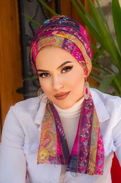 Vişne Etnik Desenli Atkılı Bone - Resim 3