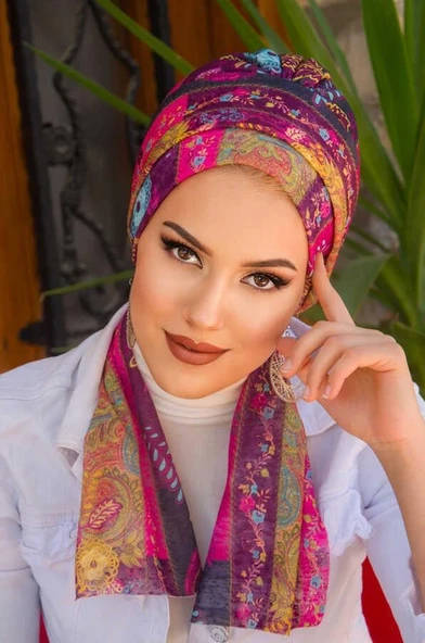 Vişne Etnik Desenli Atkılı Bone - Resim 2