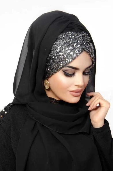 Siyah Antrasit Pul Payetli Abiye Şal - 3