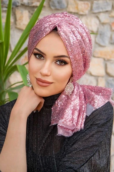 Pudra Payetli Abiye Tokalı Bone - Resim 3