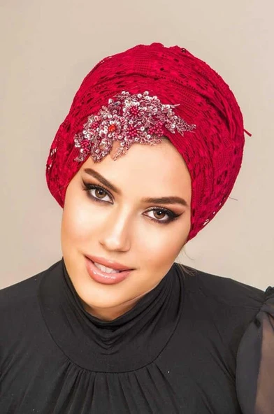 Bordo Güpürlü Abiye Tokalı Bone - 3