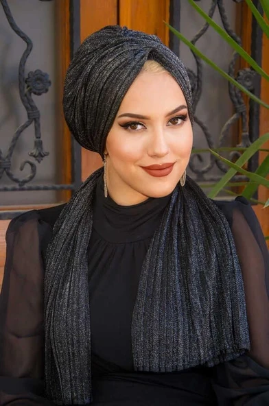 Siyah Gümüş Simli Piliseli Abiye Tokalı Bone - 3