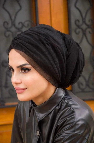 Siyah Tül Büzgülü Dolama Bone - Resim 2