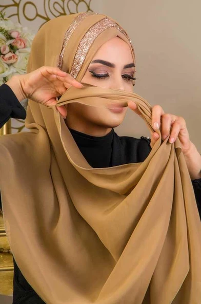 Camel Çapraz Bant Abiye Double Şal - Resim 4