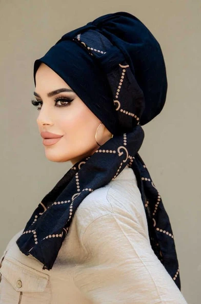 Siyah Marka Desen Fularlı Bone - Resim 2