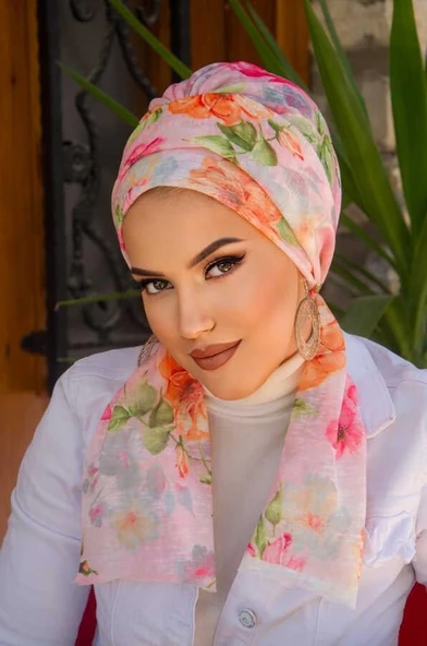 Vizon Pudra Çiçek Desenli Atkılı Bone - Resim 2