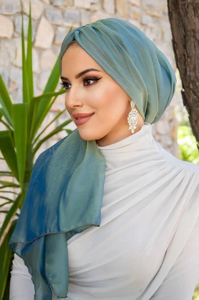 Yeşil Gold Janjan Şifon Tokalı Bone - Resim 2