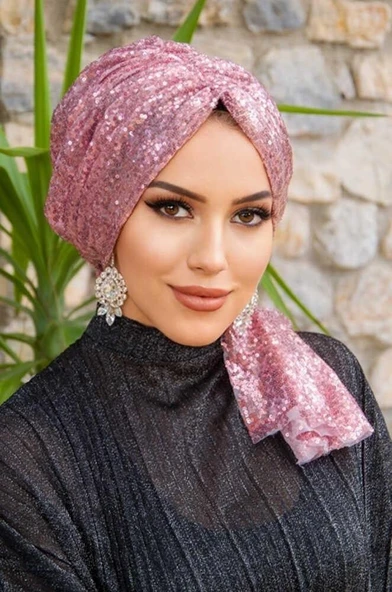 Pudra Payetli Abiye Tokalı Bone - Resim 5