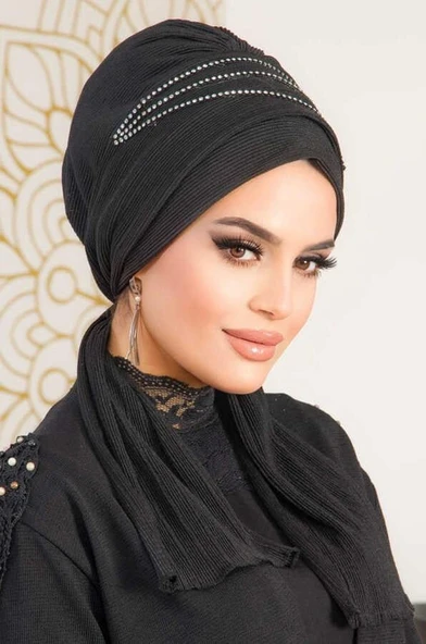 Siyah Taşlı Atkılı Abiye Bone - 60101