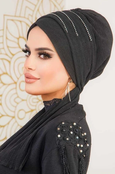 Siyah Taşlı Atkılı Abiye Bone - 60101 - 4