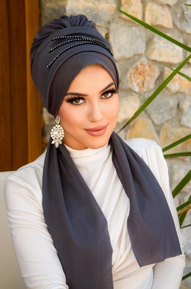 Füme Taşlı Atkılı Abiye Bone - 3