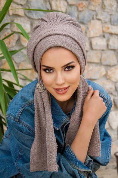 Taş Rengi Piliseli Atkılı Bone - Resim 4