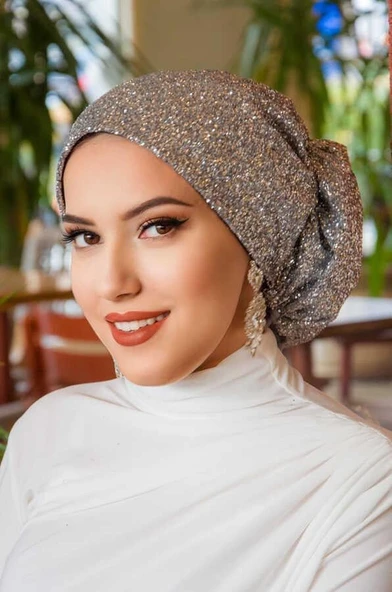 Gümüş Simli Çağla Abiye Hazır Türban - 3