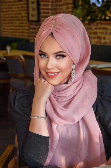 Pudra Taş Detay Büzgülü Abiye Şal - Resim 3