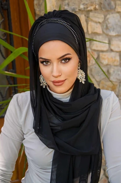Siyah Taş Detaylı Hazır Abiye Şal - 1