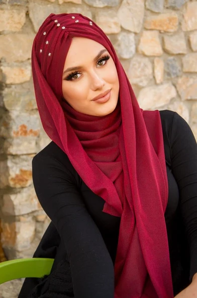 Bordo Işıltılı Taşlı Abiye Şal - Resim 4