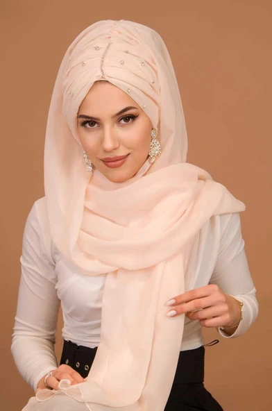 Somon Taşlı Büzgü Model Hazır Abiye Şal - Resim 2