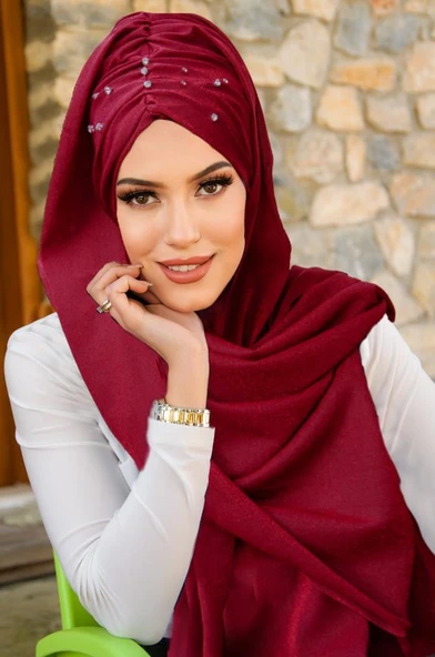 Bordo Işıltılı Taşlı Abiye Şal ürün görseli