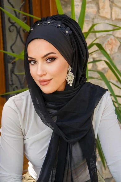 Siyah Çiçek Taşlı Hazır Abiye Şal - 2